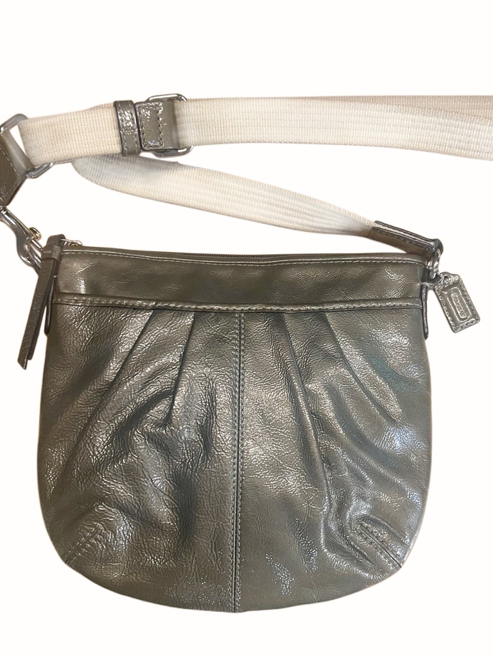 Coach and Small Metallic Gray Leather Crossbody, Ivory Canvas Adjustable trap